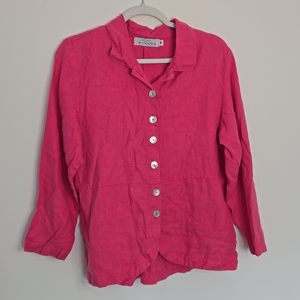 Willow Coral Pink 100% Linen Button-Up Jacket Classic Feminine Spring - Med